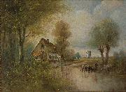 unknow artist Landscape with cows small farm and windmill France oil painting artist